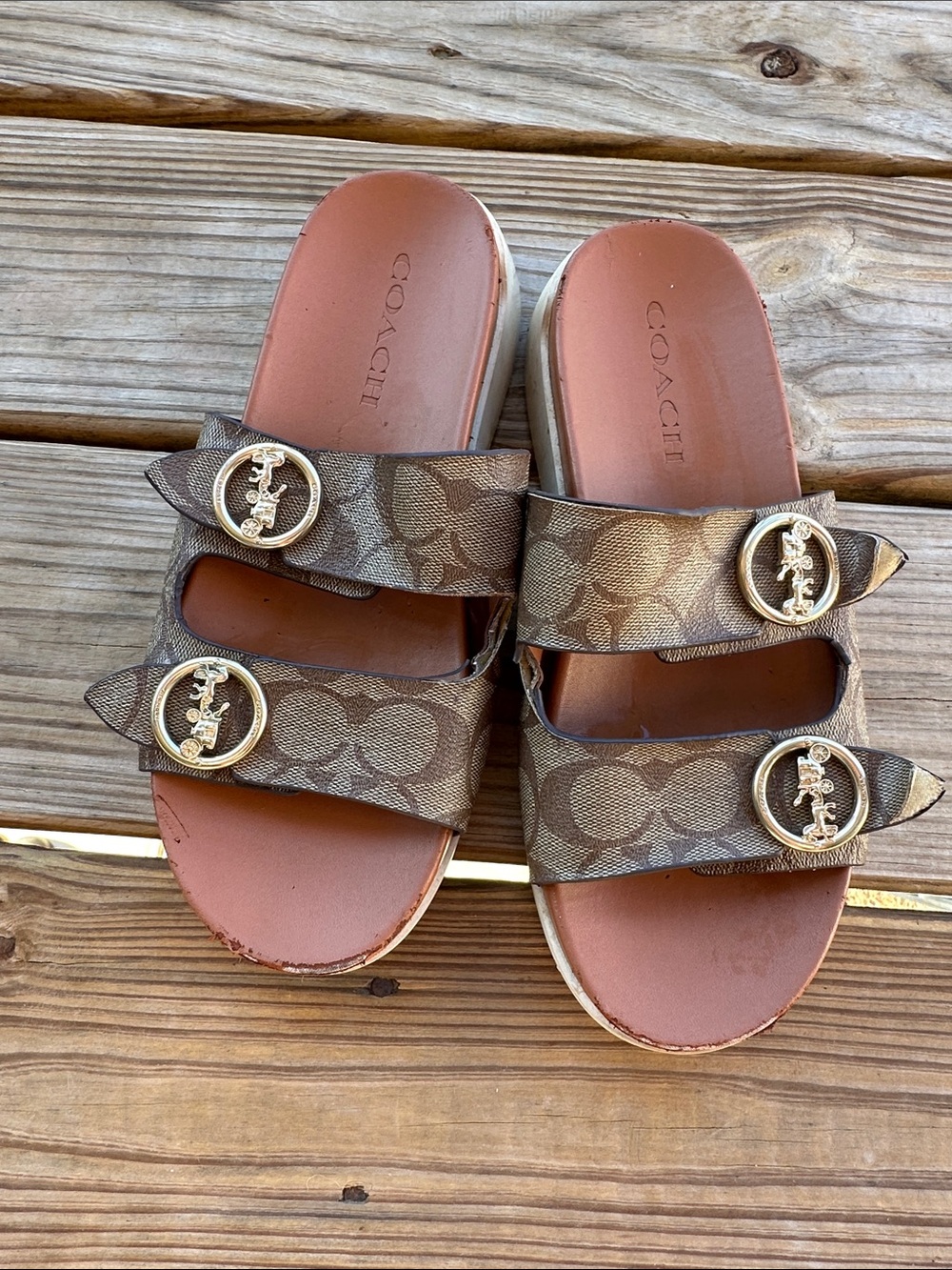 Coach Brown Signature Double-Strap Logo Buckle Slide Sandals
